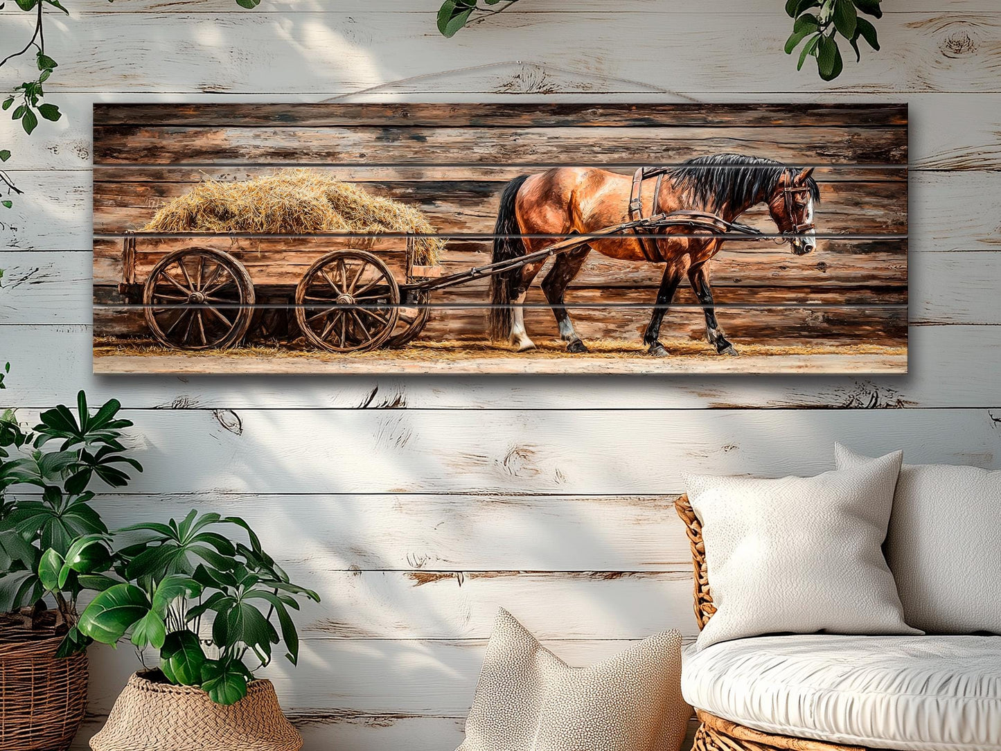 Rustic Wood Wall Art – Horse Wooden Cart with Hay | Farmhouse Wall Decor