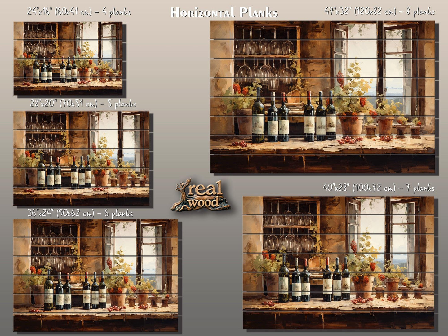 Tuscan Wood Wall Art – Vintage Wine Painting on Natural Wood Plank Print