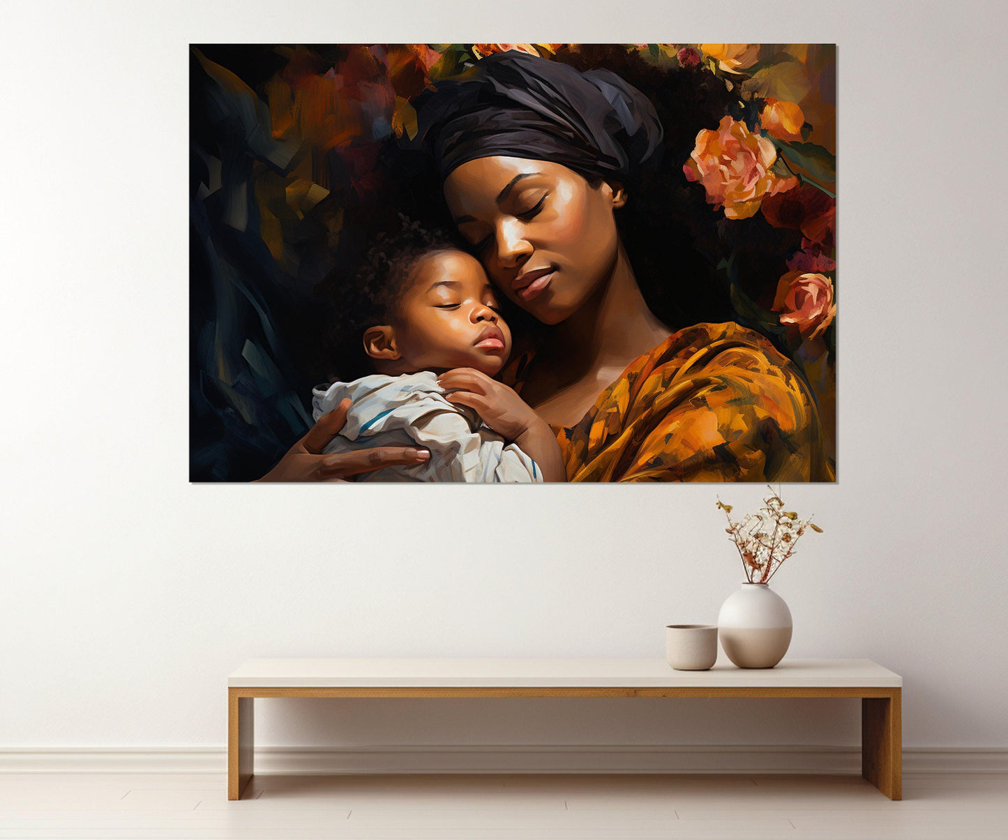 African Woman Canvas Print – Framed Black Woman Wall Art | Maternal Love Artwork