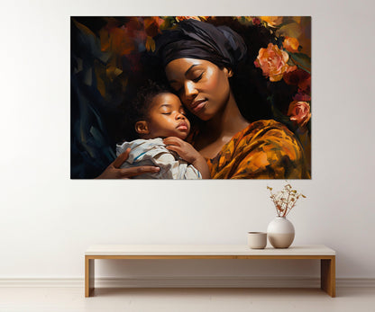 African Woman Canvas Print – Framed Black Woman Wall Art | Maternal Love Artwork
