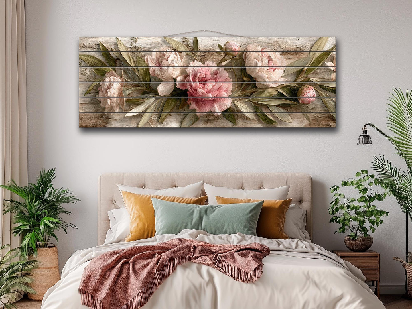 Peonies Print Wood - Beige Pink Floral Wall Art | Rustic Farmhouse Flower Print