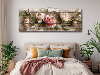 Peonies Print Wood - Beige Pink Floral Wall Art | Rustic Farmhouse Flower Print