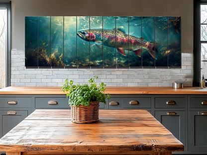 Rainbow Trout Wall Art – Wooden Wall Decor | Abstract Fish Poster on Wood Planks
