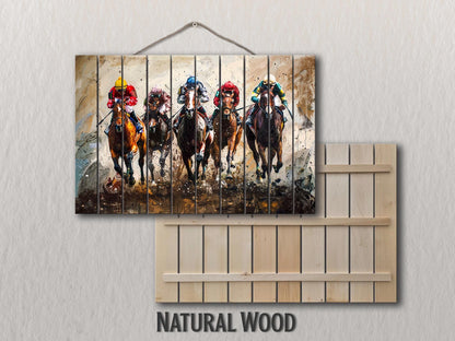 Horse Racing Painting Printed on Wood, Horses Wall Art, Horse Racing Fan Gift, Kentucky Derby Wall Art, Rustic Natural Wood Print