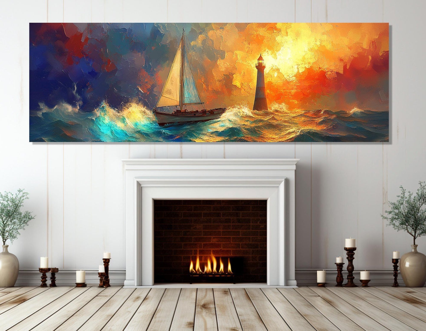 Sailboat Lighthouse Painting – Framed Canvas Print | Nautical Wall Art Storm Canvas
