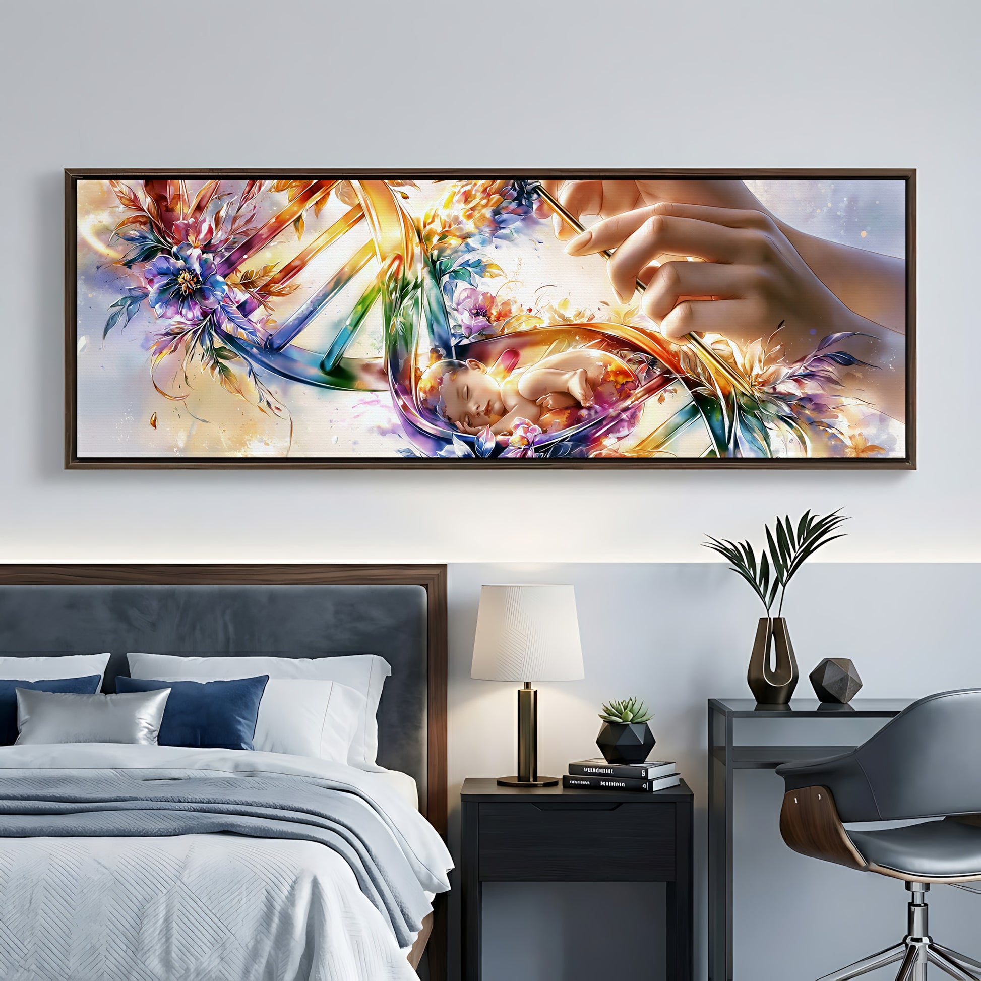 a large, colorful painting of a hand holding a flower, hanging on a wall above a bed with a gray headboard.
