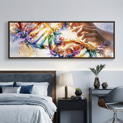 a large, colorful painting of a hand holding a flower, hanging on a wall above a bed with a gray headboard.