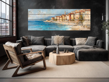 French Riviera Wall Art – Beige Pastel Oil Painting on Wood Planks