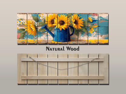 Sunflowers Wood Art - Handcrafted Rustic Wood Wall Art with Weathered Watering Can Print