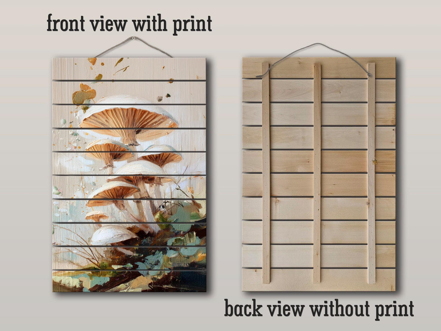 Wood Wall Art – Rustic Nature Print with Forest Mushrooms – Cozy Farmhouse Decor