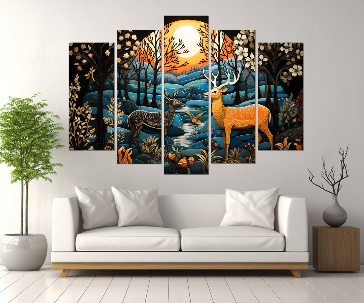 Fantasy Deer Canvas Print – Madhubani Style Framed Wall Art, Ready to Hang