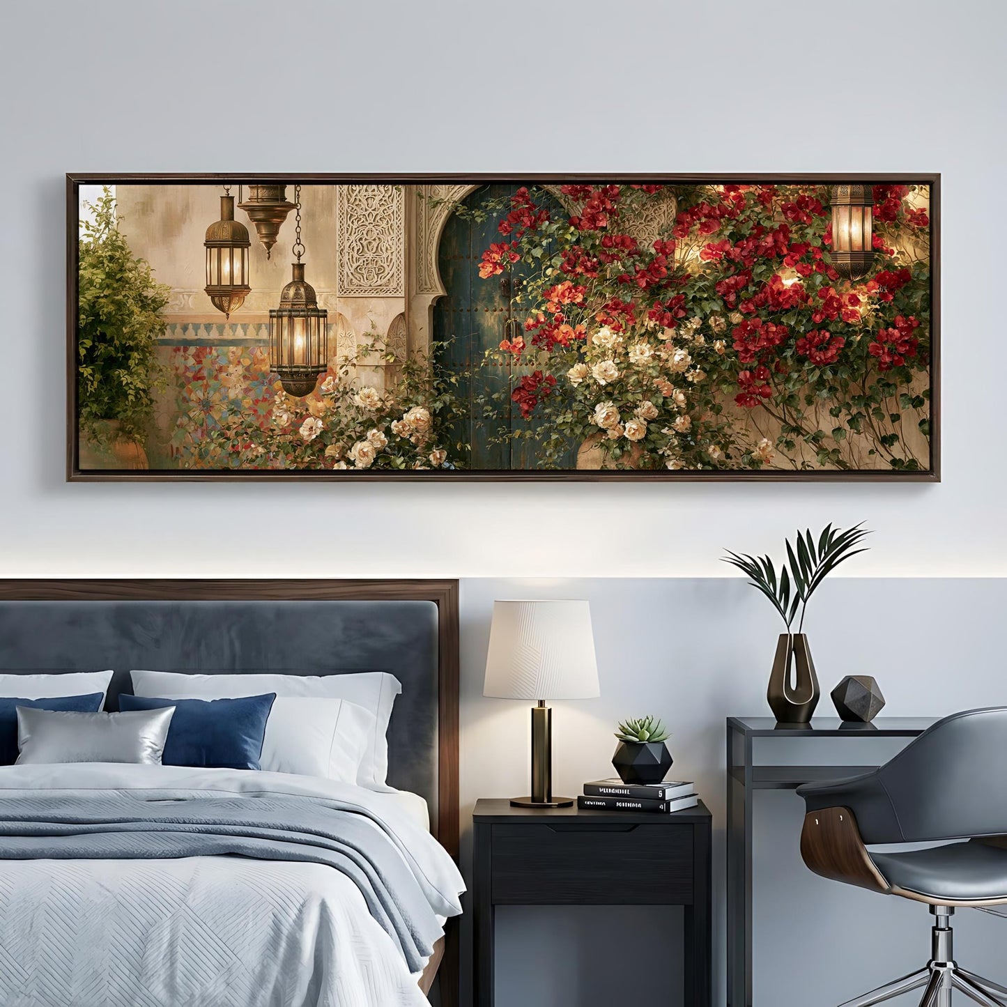 a bedroom with a large framed picture of a garden hanging on the wall above a bed. The picture depicts a lush garden with red flowers and greenery, creating a serene and inviting atmosphere.