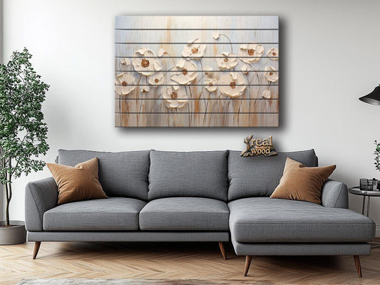 Wood Wall Art – Abstract Flower Print Wooden Panel | Rustic Floral Decor
