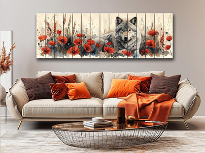 Wolf Wood Wall Art – Rustic Wood Print with Red Poppies and Wildlife Decor