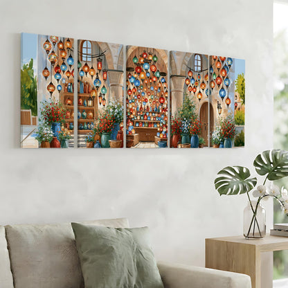 The image is a large, colorful painting depicting a vibrant and lively scene with various decorative elements, including hanging lanterns, potted plants, and vases.