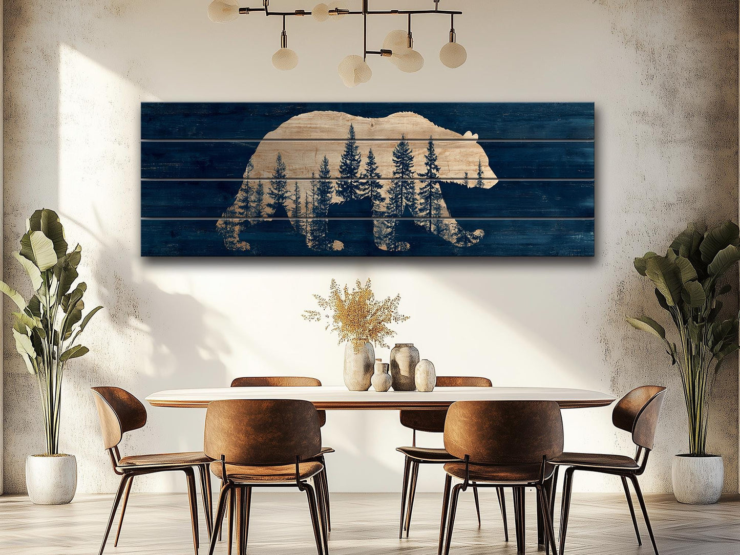 Bear Silhouette Wall Art – Rustic Cabin Decor with Pine Forest Print on Wood