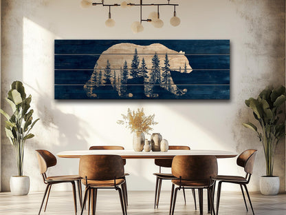 Bear Silhouette Wall Art – Rustic Cabin Decor with Pine Forest Print on Wood