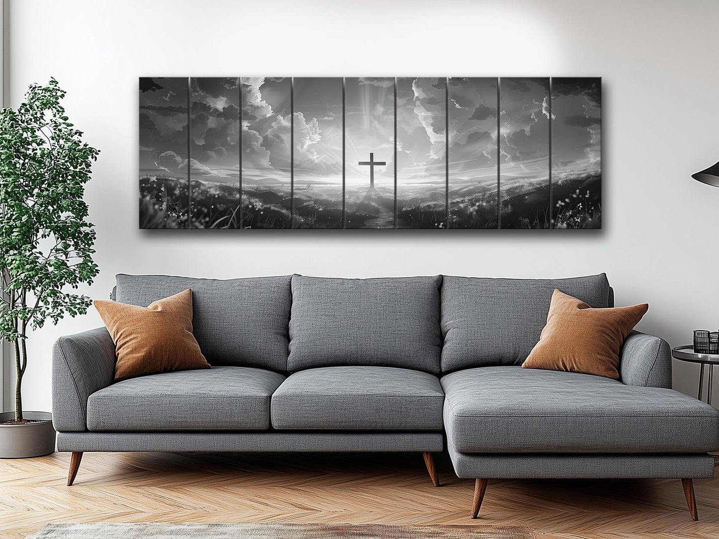 Cross Wall Art – Wood Wall Art Printed on Natural Wood with Black and White Cross in Flowers