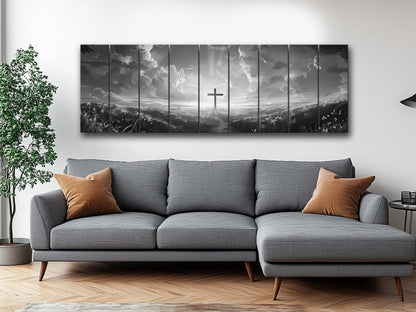 Cross Wall Art – Wood Wall Art Printed on Natural Wood with Black and White Cross in Flowers