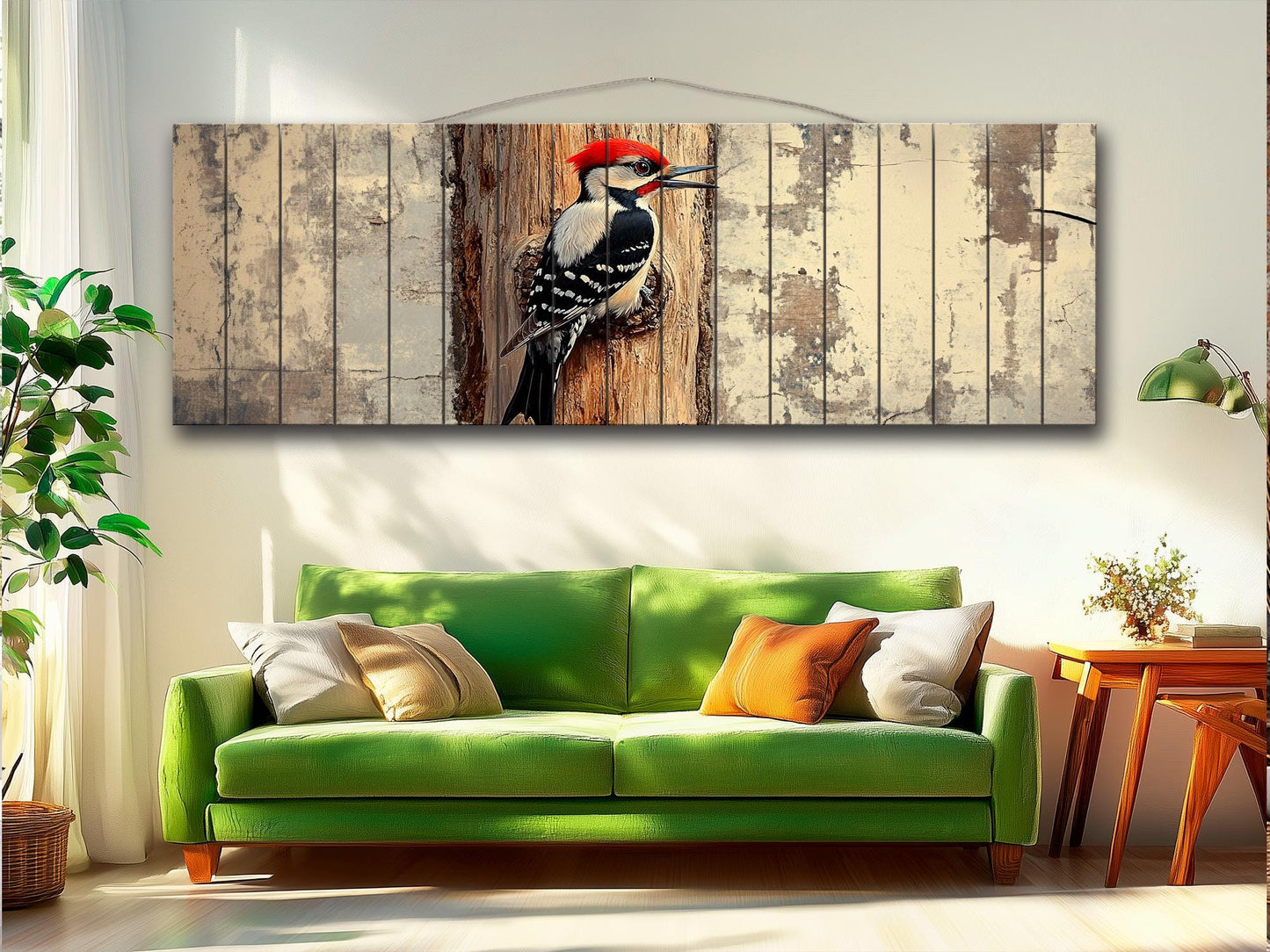 Rustic Wood Wall Art - Woodpecker on a tree Vintage Style Painting Printed on Natural Wood, Woodpecker Print, Forest Birds Print