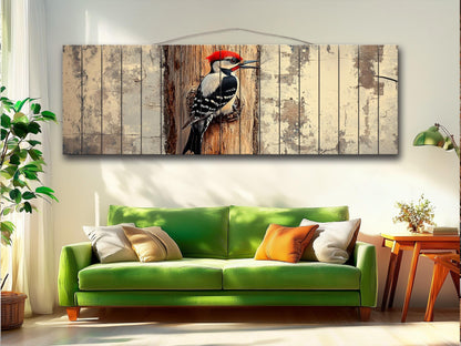 Rustic Wood Wall Art - Woodpecker on a tree Vintage Style Painting Printed on Natural Wood, Woodpecker Print, Forest Birds Print