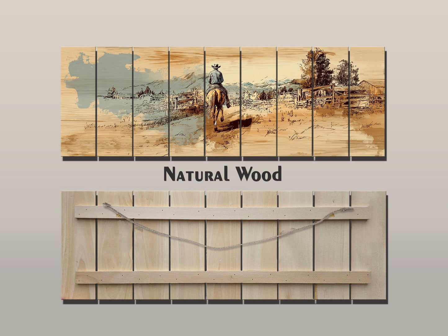 Cowboy Wall Art – Lone Rider Prairie Painting on Rustic Wood Print
