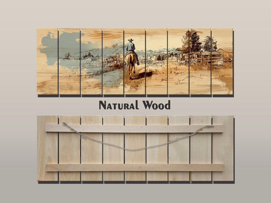 Cowboy Wall Art – Lone Rider Prairie Painting on Rustic Wood Print