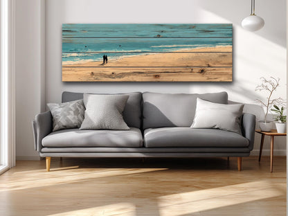 Coastal Wall Art – Wooden Coastal Print of Couple Walking on Beach House Decor
