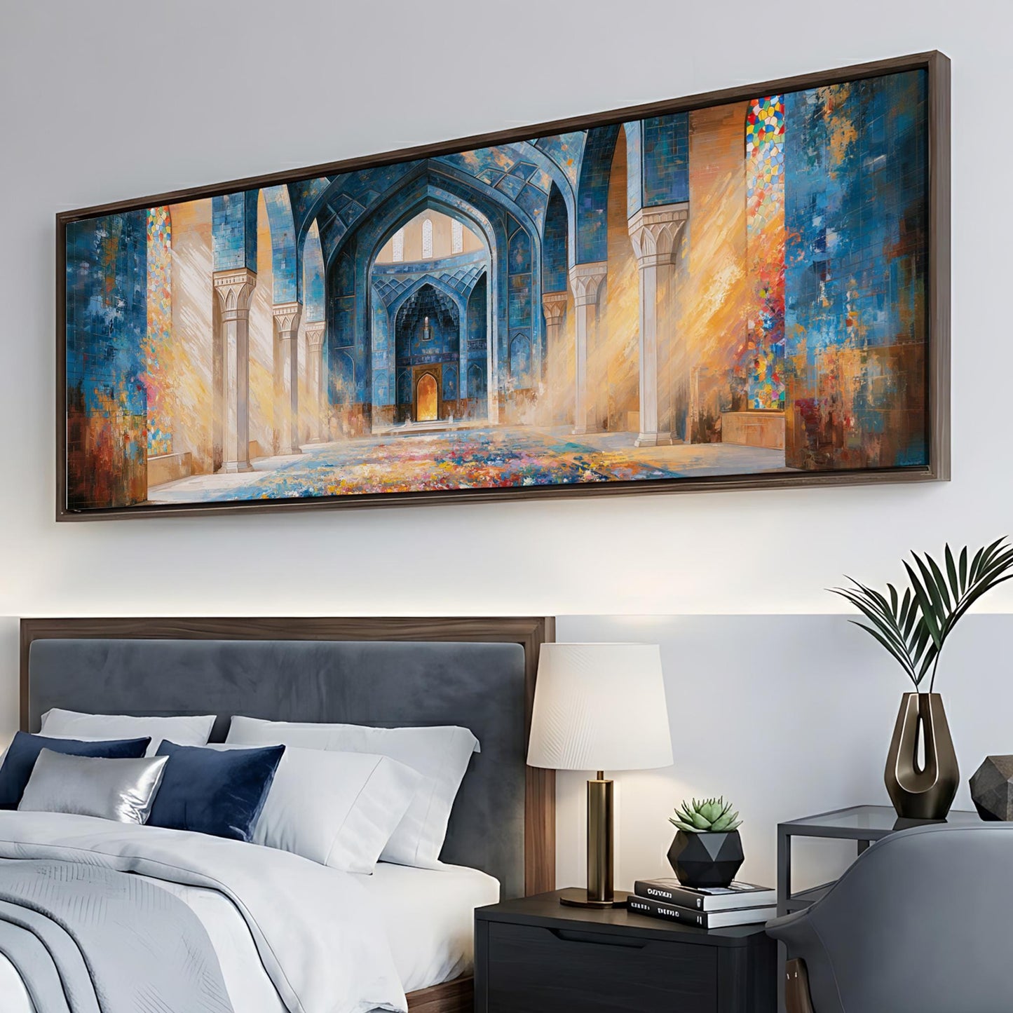 a large, colorful painting of an ornate, blue-colored archway or doorway, hanging on a wall above a bed with white bedding.