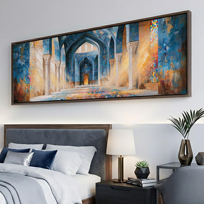 a large, colorful painting of an ornate, blue-colored archway or doorway, hanging on a wall above a bed with white bedding.