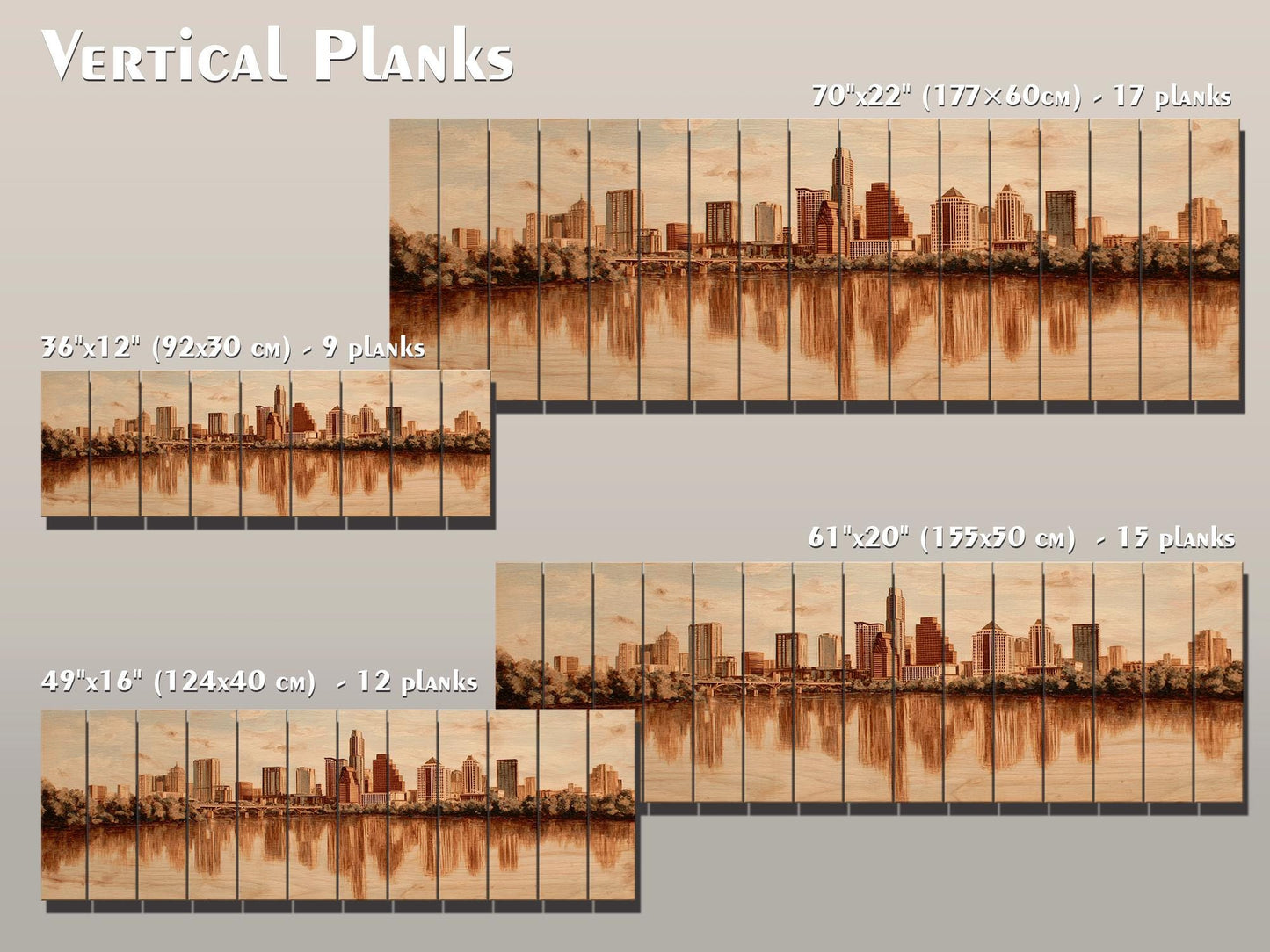 Austin Skyline Wood Print – Rustic Wood Art | Beige Wall Art, River Reflections Painting