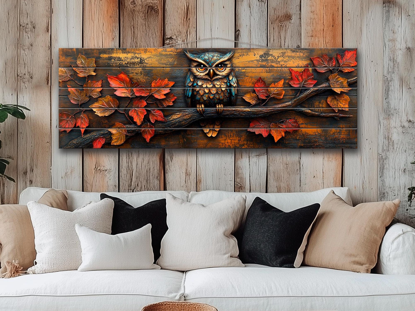 Owl Wood Wall Art – Rustic Autumn Wood Plank Painting with Glowing Fall Leaves