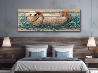 Sea Otter Print on Wood – Coastal Rustic Decor | Beige Blue Wall Art