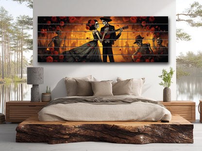 Day of the Dead Dancing Print On Natural Wood -Mexican Wall Art