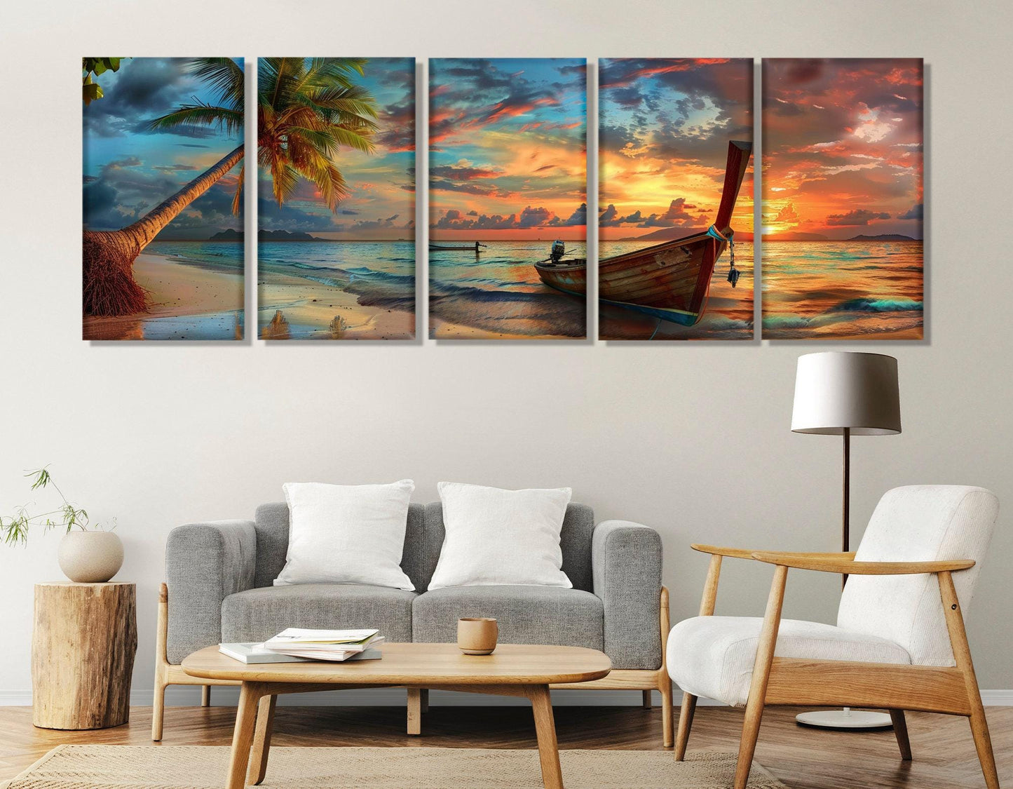 Tropical Sunset Canvas Art - Beach Canvas Print with Palm Tree & Old Boat - Ready to Hang