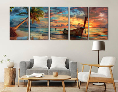 Tropical Sunset Canvas Art - Beach Canvas Print with Palm Tree & Old Boat - Ready to Hang
