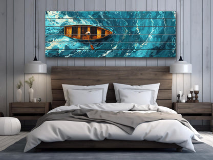 Wood Wall Art – Overhead Rowboat Print on Natural Wood Planks | Colorful Rustic Decor