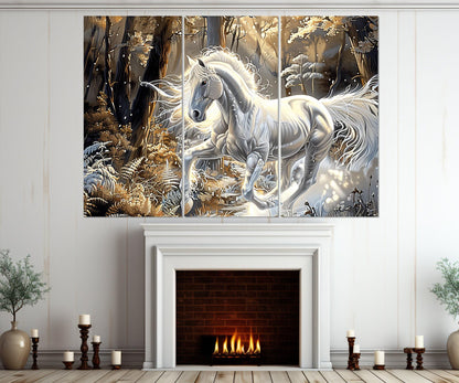 White Horse Canvas - Fantasy Horse Print in Golden Forest | Framed Canvas Art Ready to Hang