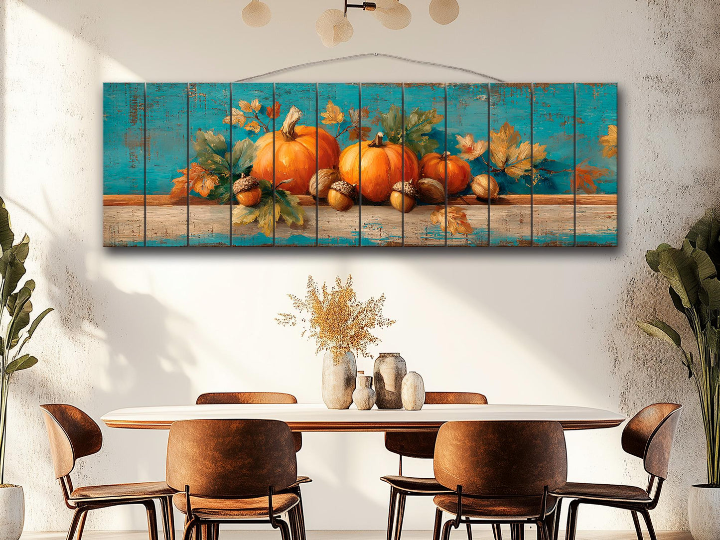 Wood Wall Art - Rustic Scene with Pumpkins, Leaves, and Acorns Print on Natural Wood, Farmhouse Wall Decor, Cozy Cabin Wall Art, Farm Decor