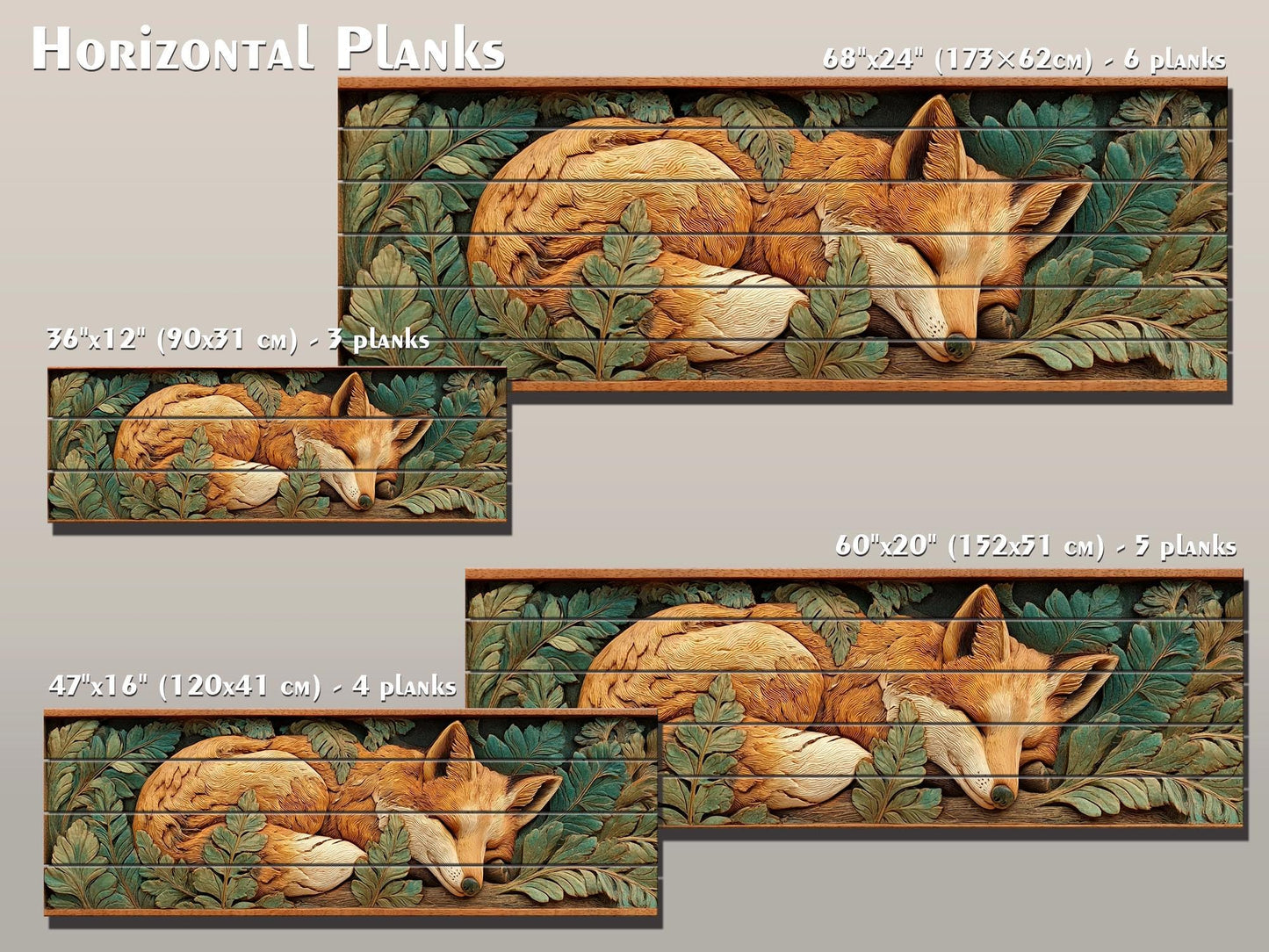 Fox Print On Wood - Rustic Woodland Wall Decor With Beige Green Planks