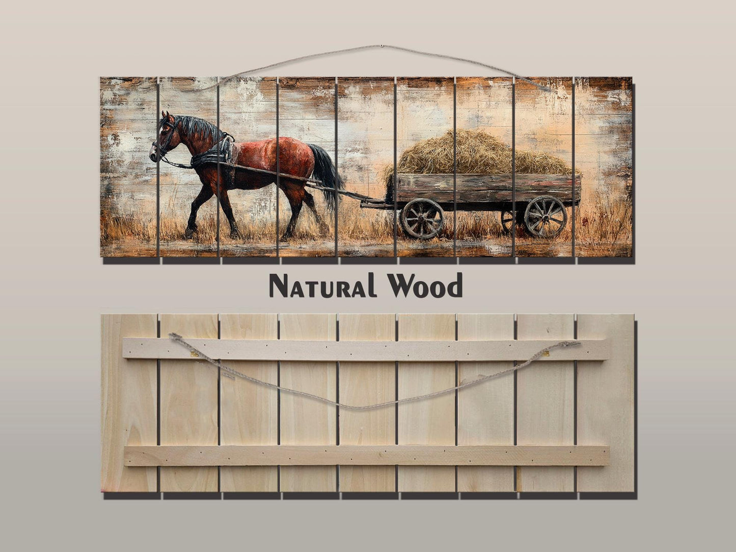 Rustic Wood Wall Art - Brown Horse Pulling Wooden Cart with Hay Printed on Natural Wood, Farm Horse Painting, Cabin Wall Decor