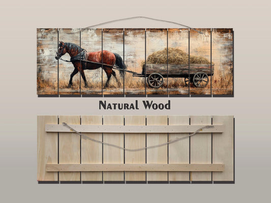 Rustic Wood Wall Art - Brown Horse Pulling Wooden Cart with Hay Printed on Natural Wood, Farm Horse Painting, Cabin Wall Decor