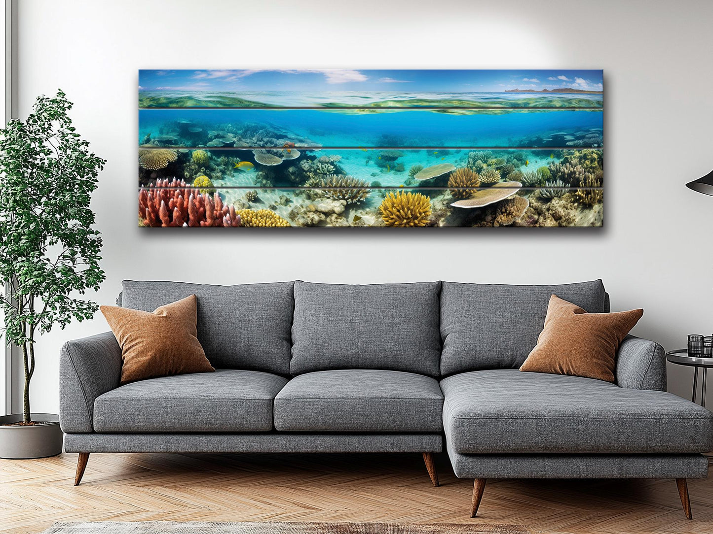 Ocean Wall Art - Rustic Wood Art Coral Reef Painting on Natural Wood Planks