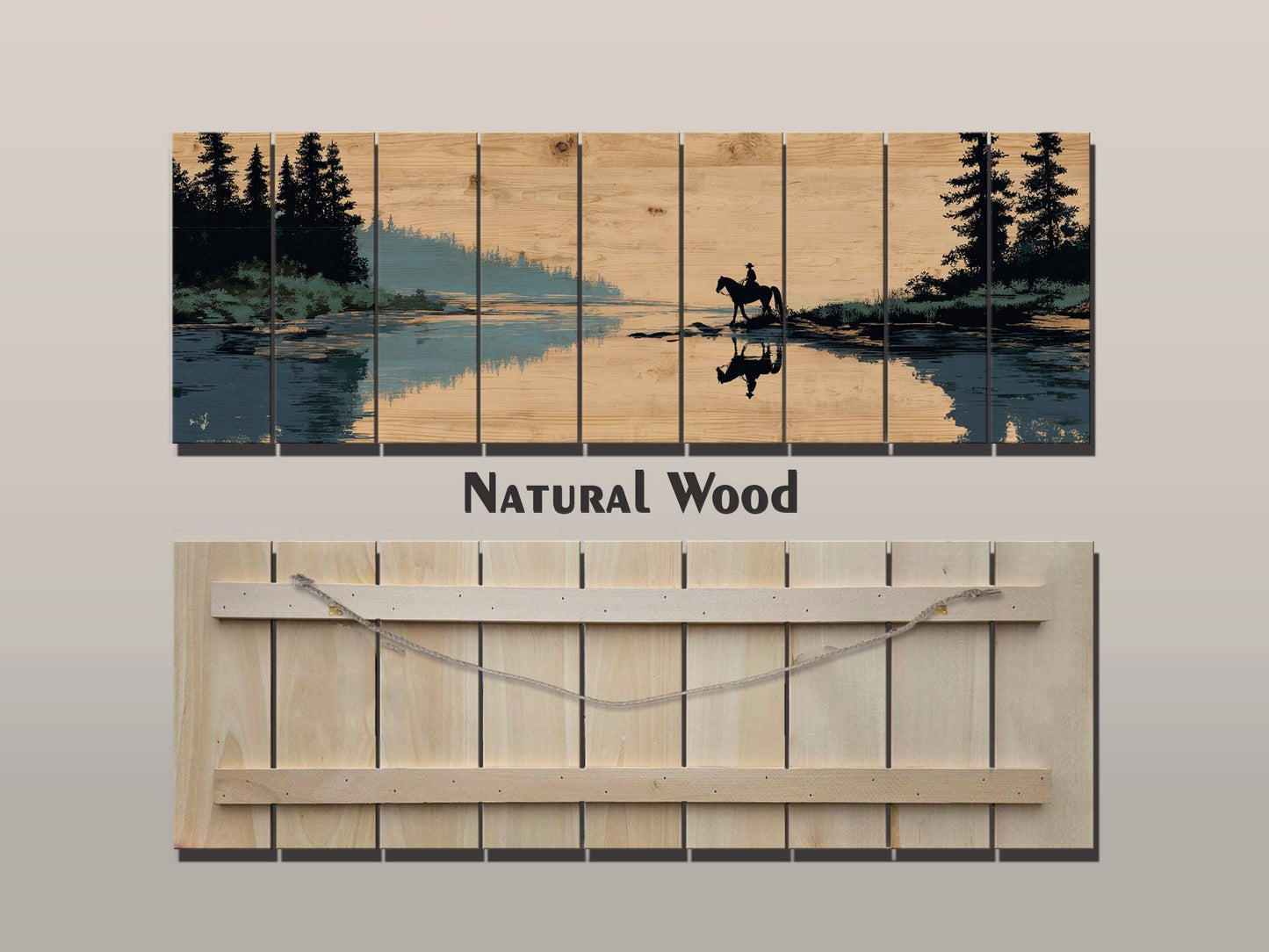 Horse and Rider Wood Print – Rustic River Wall Art with Natural Wood Texture