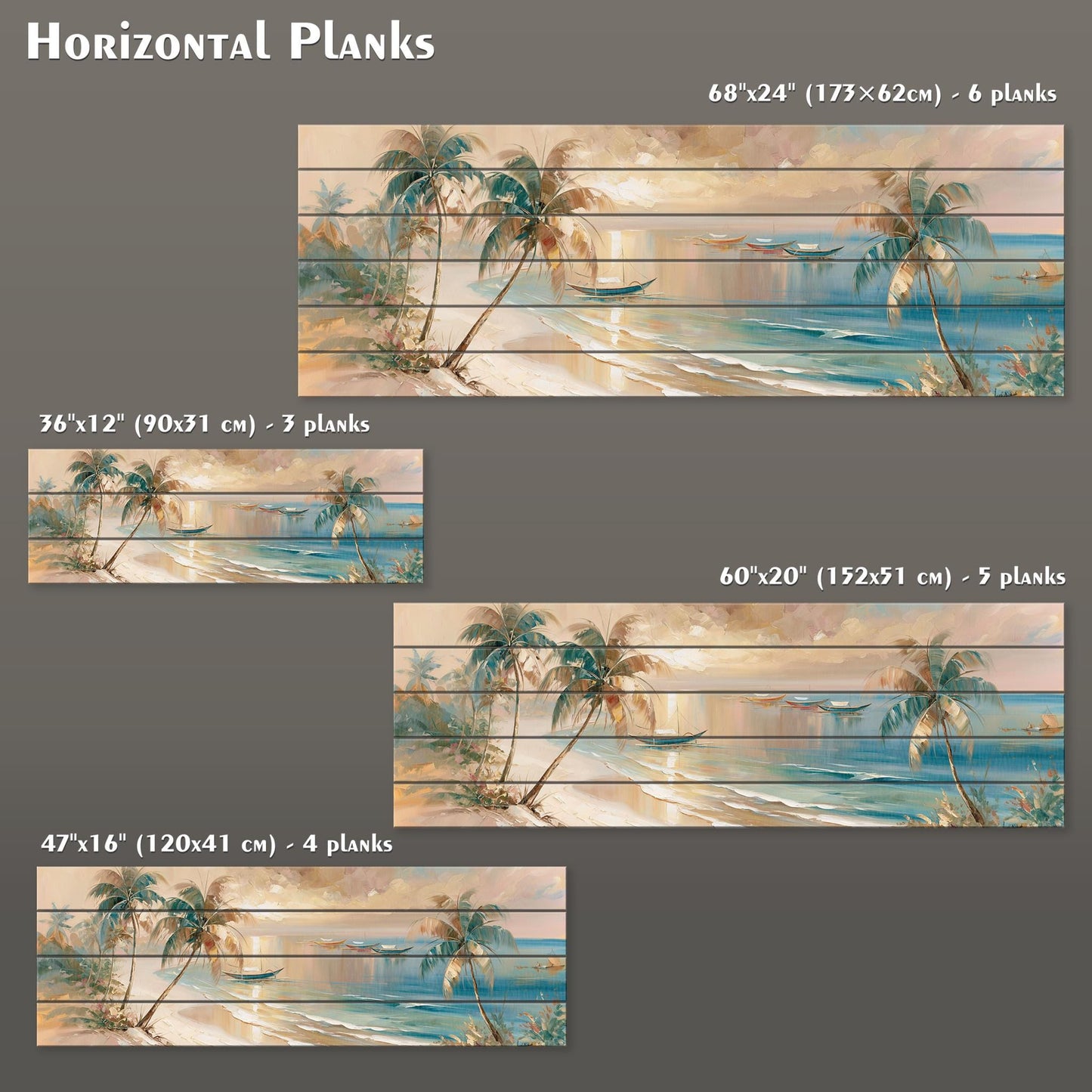 four different horizontal planks of artwork, each depicting a tropical beach scene with palm trees and a sunset. The planks vary in size and are labeled with their respective dimensions, including the number of planks and the width of the artwork.
