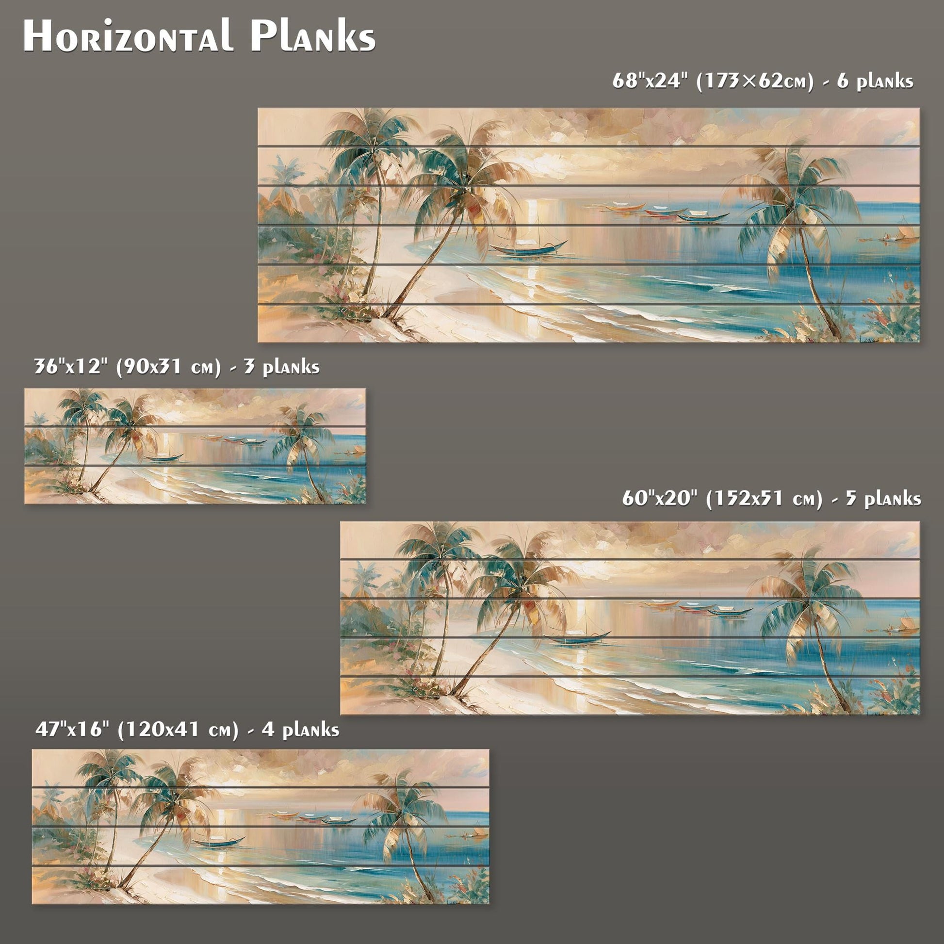 four different horizontal planks of artwork, each depicting a tropical beach scene with palm trees and a sunset. The planks vary in size and are labeled with their respective dimensions, including the number of planks and the width of the artwork.