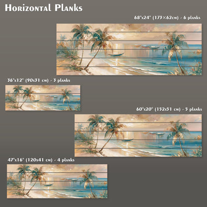 four different horizontal planks of artwork, each depicting a tropical beach scene with palm trees and a sunset. The planks vary in size and are labeled with their respective dimensions, including the number of planks and the width of the artwork.