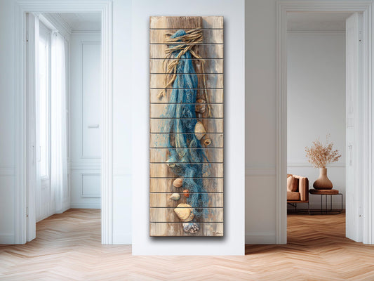Wood Wall Art - Seashell Print – Nautical Coastal Decor – Fishing Net Beach Print on Natural Wood