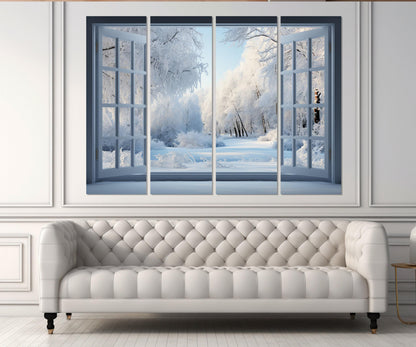 Winter Forest Canvas Art – Open Window Painting | Faux Window Canvas, Ready to Hang