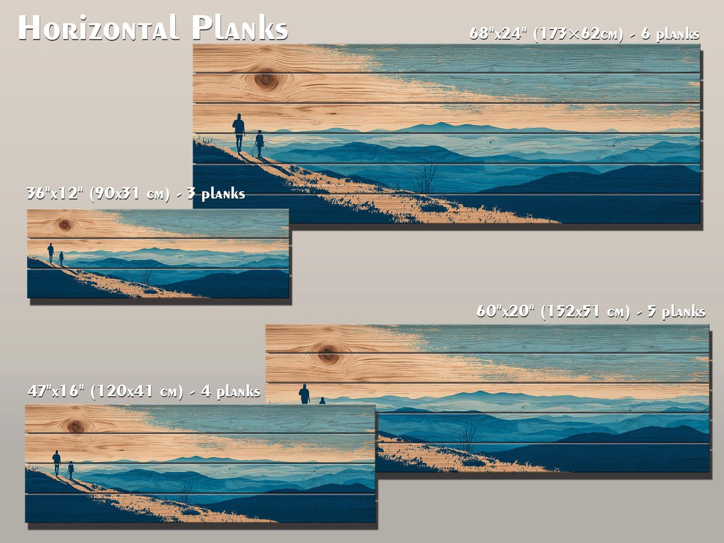 Mountain Ridge Hiking Print – Rustic Cabin Wall Art on Natural Wood Panels